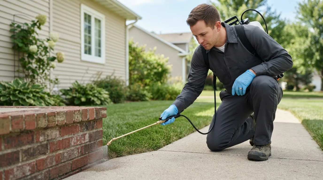 Pest control technician treating a home near Wentzville, MO